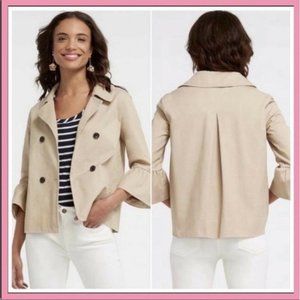 EUC Draper James Short Trench Khaki Jacket Size 6 Ruffled Bell 3/4 Sleeves